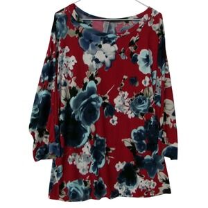Honeyme Curvy Red Blue Floral Print Long Sleeve Tunic Top XXL
